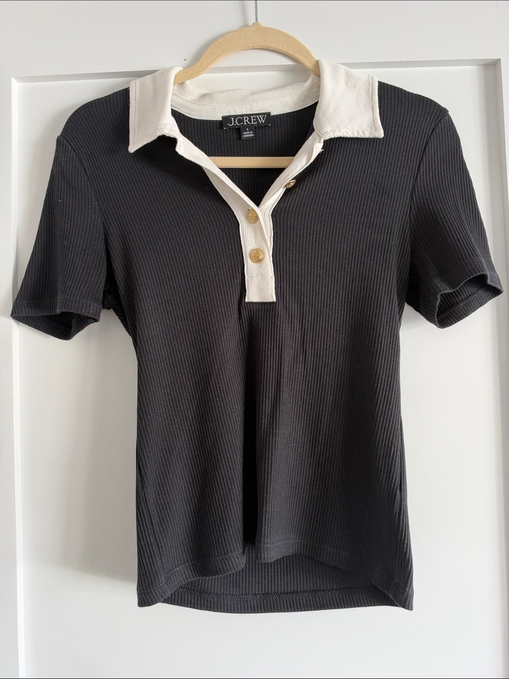 J. Crew Black Polo with Cream Collar and Gold Buttons